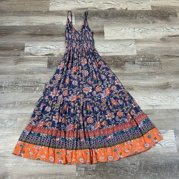 Angie Boho Maxi Dress Navy Floral Print Tiered Skirt Tie Front Festival S - Picture 3 of 6